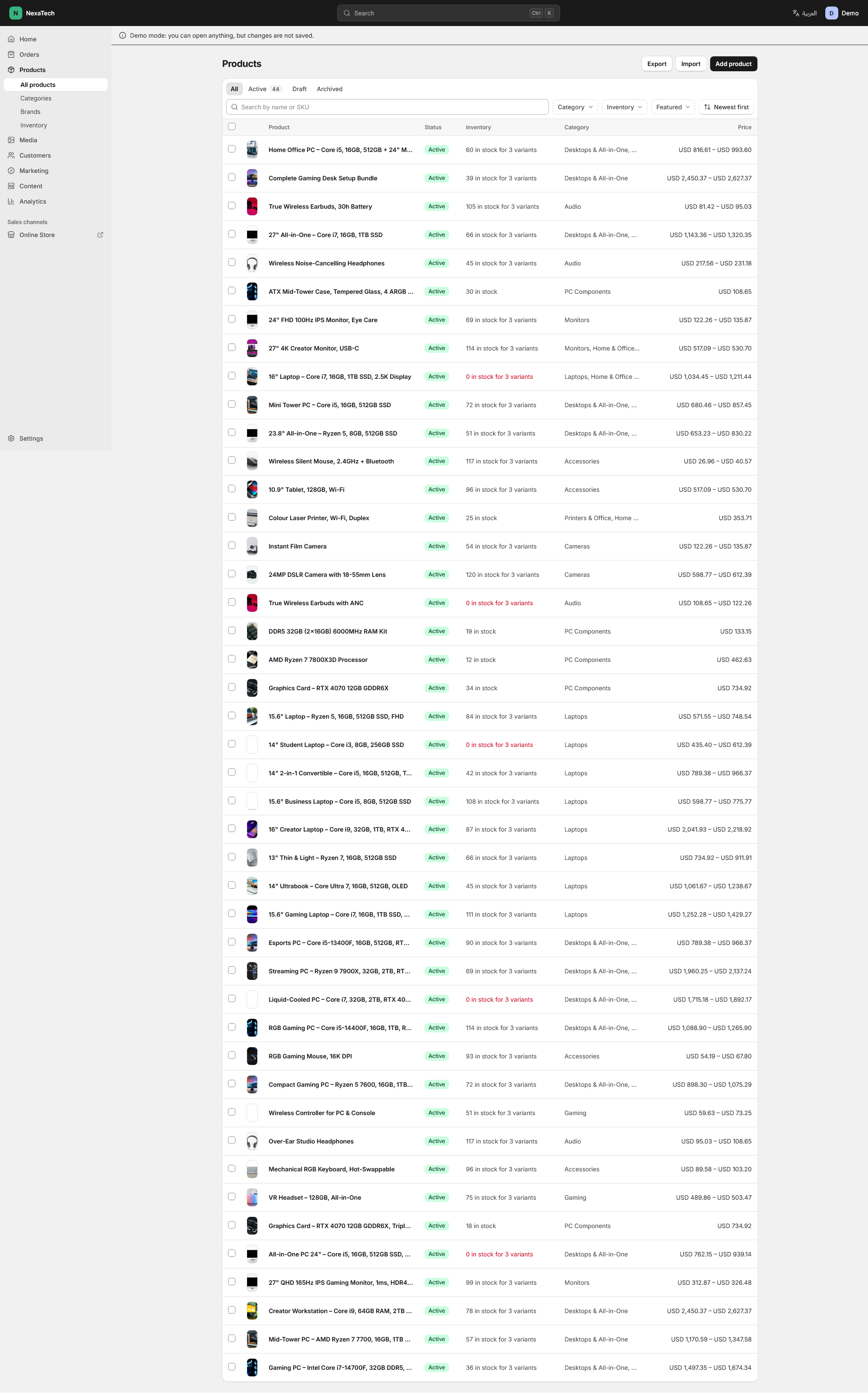 Admin products screen